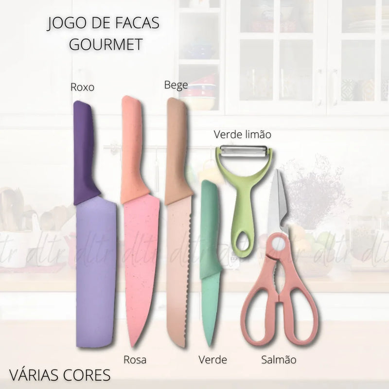 Conjunto de Facas Profissionais Coloridas em Aço Inoxidável: 6 Peças para Churrasco e Cozinha