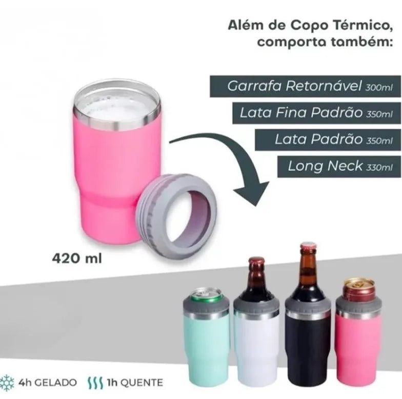 Copo Térmico 5 em 1: Para Latinha, Barrigudinha, Long Neck e Lata Alta (400ml) com Abridor Integrado