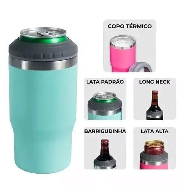 Copo Térmico 5 em 1: Para Latinha, Barrigudinha, Long Neck e Lata Alta (400ml) com Abridor Integrado