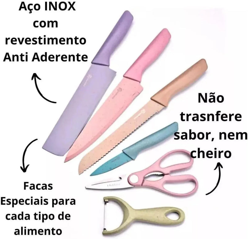 Conjunto de Facas Profissionais Coloridas em Aço Inoxidável: 6 Peças para Churrasco e Cozinha