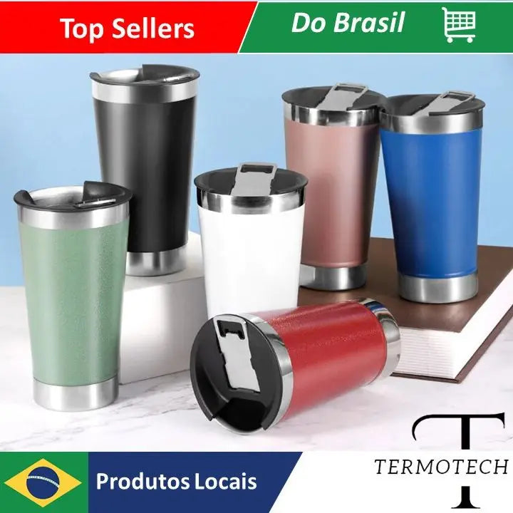 Copo Térmico 473ml com Lâmpada e Abridor Inox: Ideal para Bebidas Quentes e Geladas